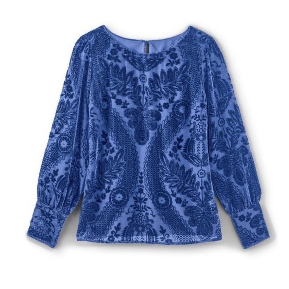 Soft Surroundings Vanetta‎ Velvet Top Blue Devore  Damask Floral Blouse Small